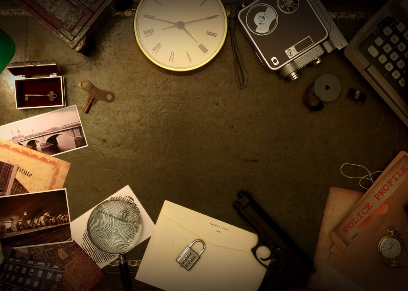 Detailreiche Szene eines Escape Rooms mit Detektiv-Accessoires wie alten Fotos, einer Schreibmaschine, einem Schloss, einer Uhr und Ermittlungsakten auf einem Tisch.