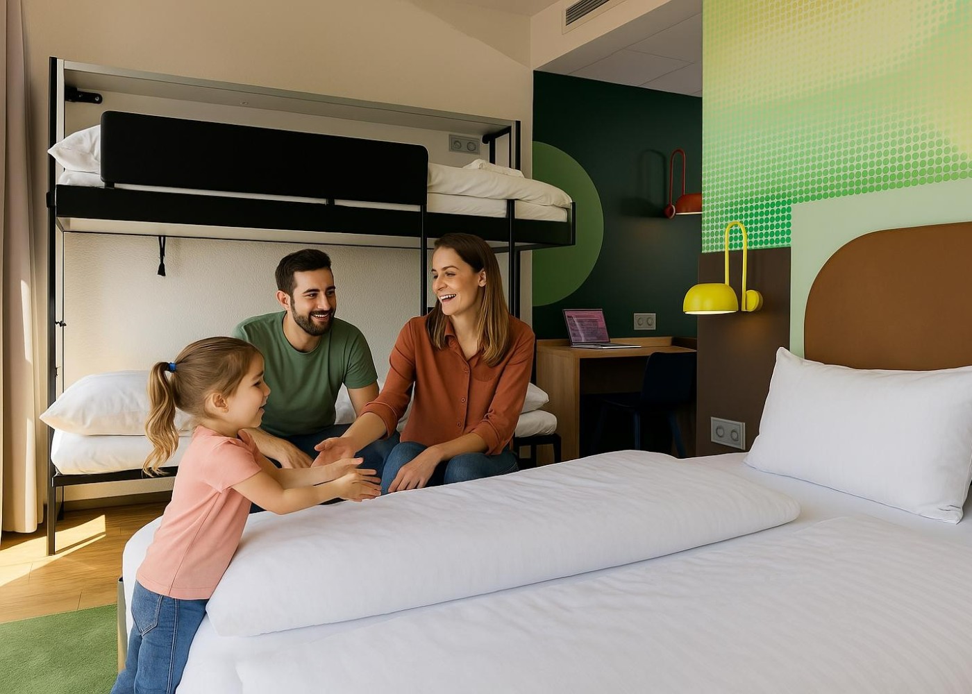 Eine Familie mit Kind im Vierbettzimmer mit großem Doppelbett, Hochbett und grüner Wandgestaltung.